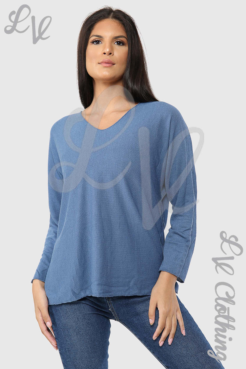 Ladies V-Neck Fine Knit Top Denim - Unit Price £12.99