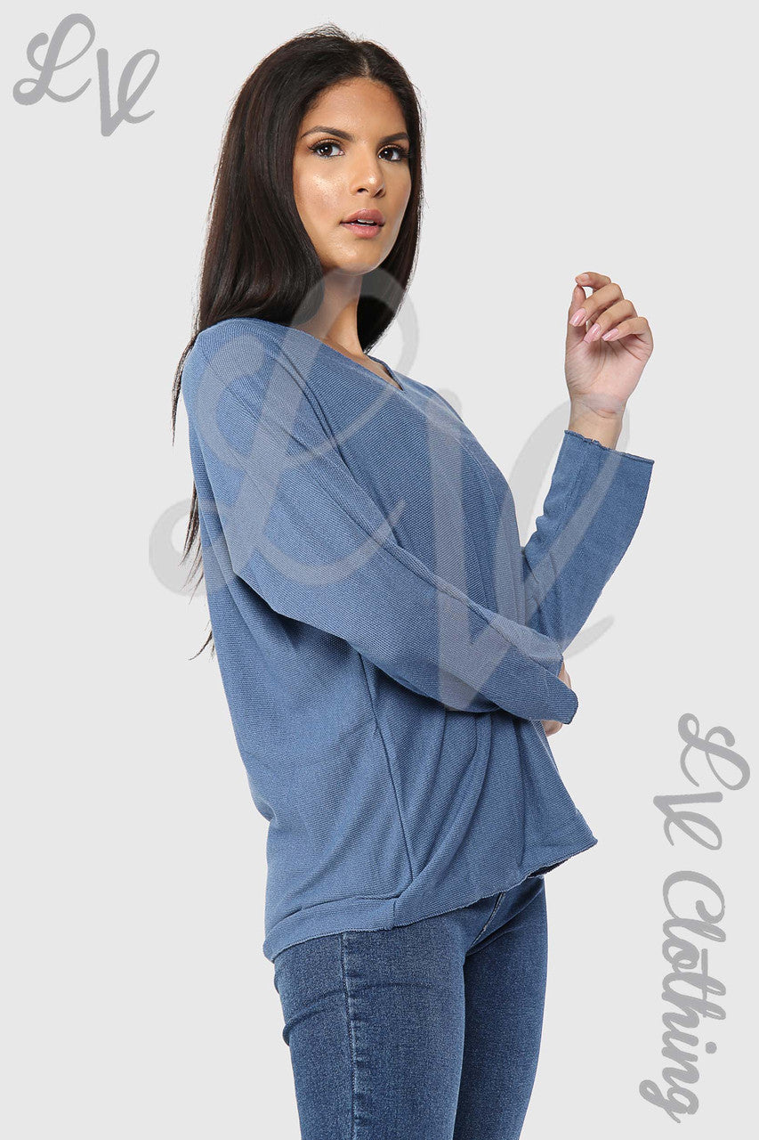 Ladies V-Neck Fine Knit Top Denim - Unit Price £12.99