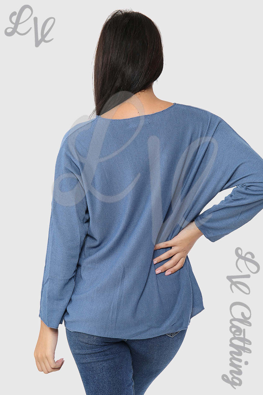 Ladies V-Neck Fine Knit Top Denim - Unit Price £12.99