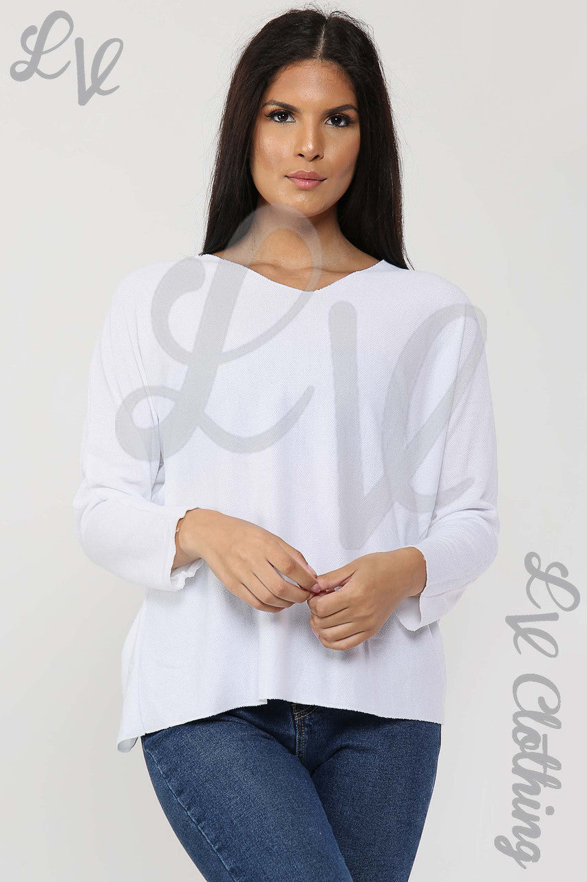 Ladies V-Neck Fine Knit Top White - Unit Price £12.99