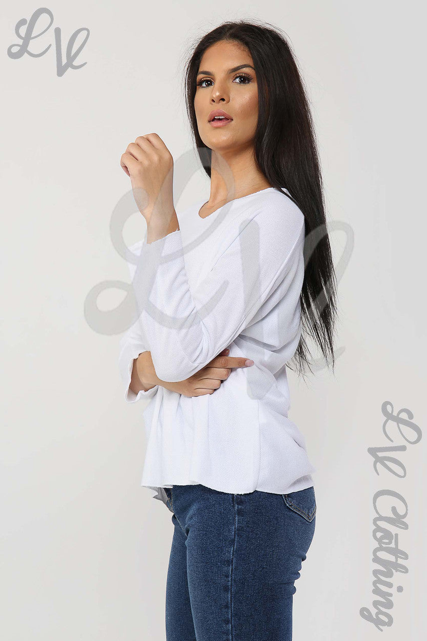 Ladies V-Neck Fine Knit Top White - Unit Price £12.99