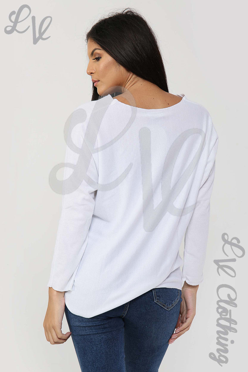 Ladies V-Neck Fine Knit Top White - Unit Price £12.99