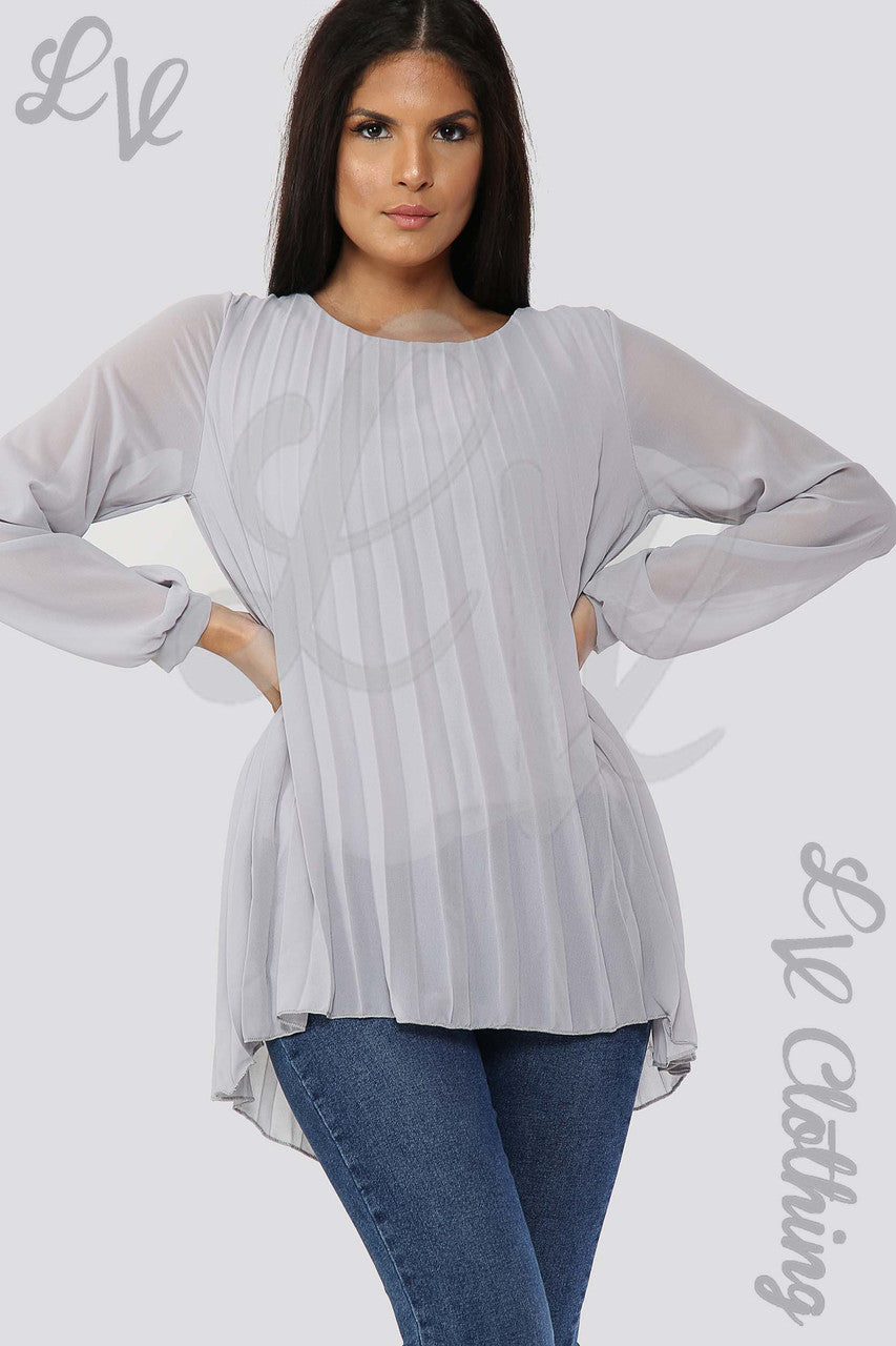 Ladies Oversize Pleated Hi Lo Blouse Top Silver - Unit Price £13.99
