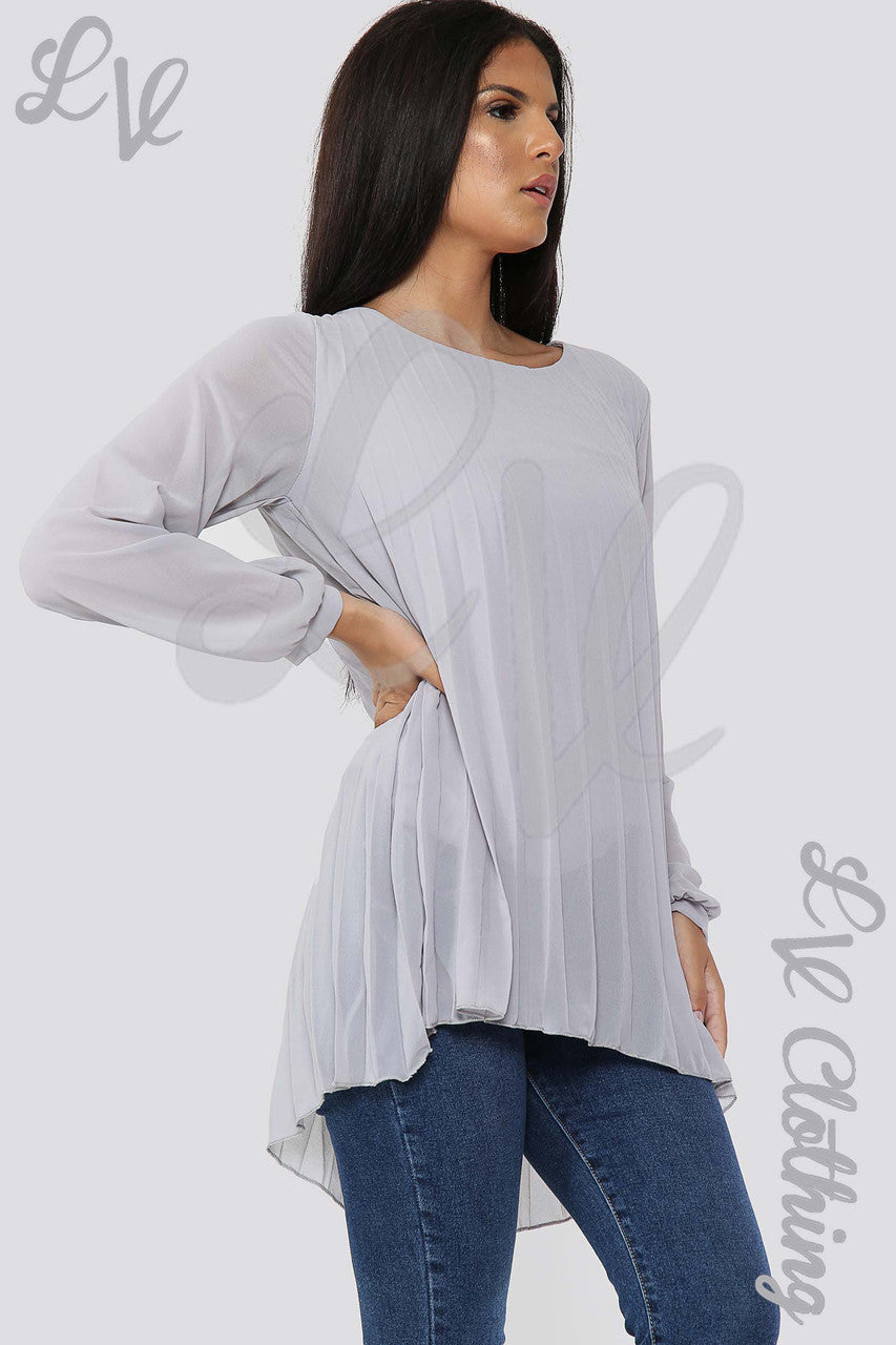Ladies Oversize Pleated Hi Lo Blouse Top Silver - Unit Price £13.99