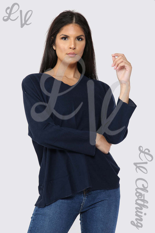 Ladies v-neck fine knit top, dark navy long sleeves, relaxed drape