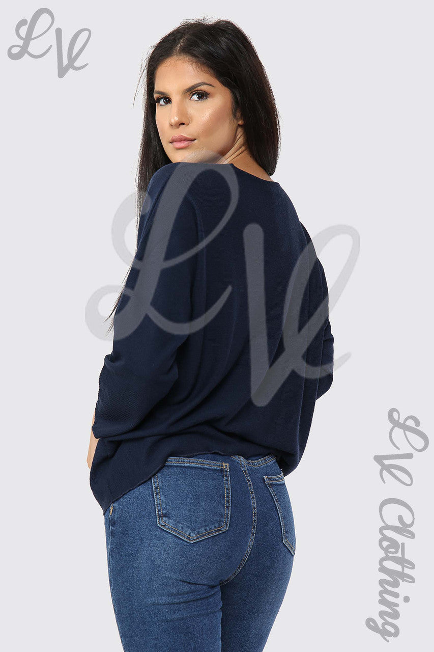 Ladies V-Neck Fine Knit Top Navy - Unit Price £12.99