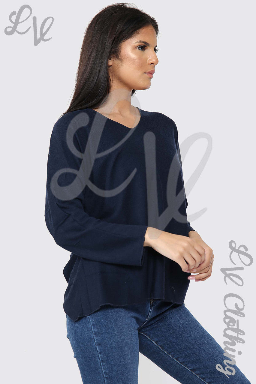 Ladies V-Neck Fine Knit Top Navy - Unit Price £12.99