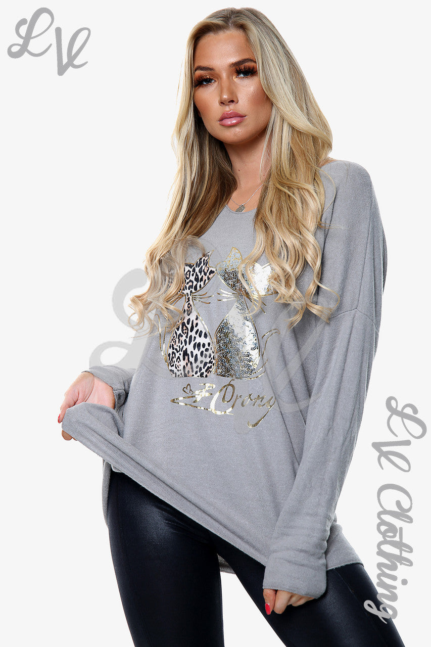 Dames Gebreide Trui Kattenprint Grijs Prijs per stuk € 13,99