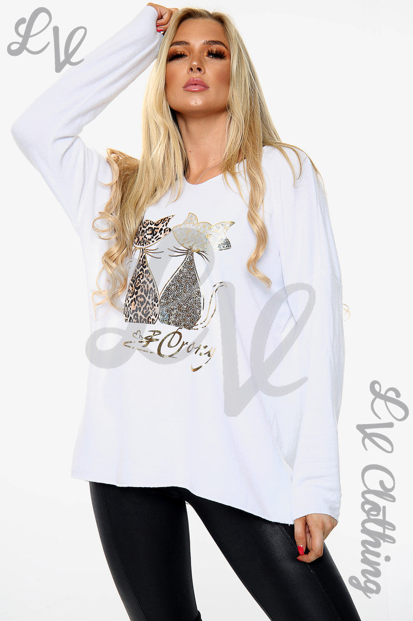 Dames Gebreide Trui met Kattenprint Wit Stukprijs €13,99