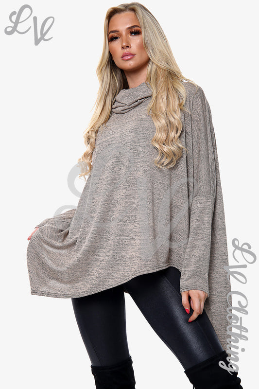 Ladies cowl neck marl top with long sleeves, draped cowl and side-curve hem