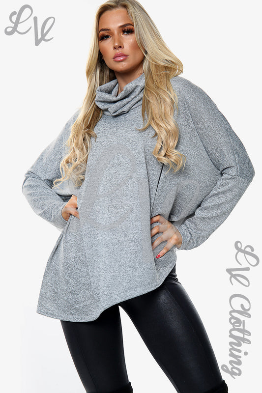 Grey marl cowl neck long-sleeve top with relaxed fit and draped, asymmetric hem