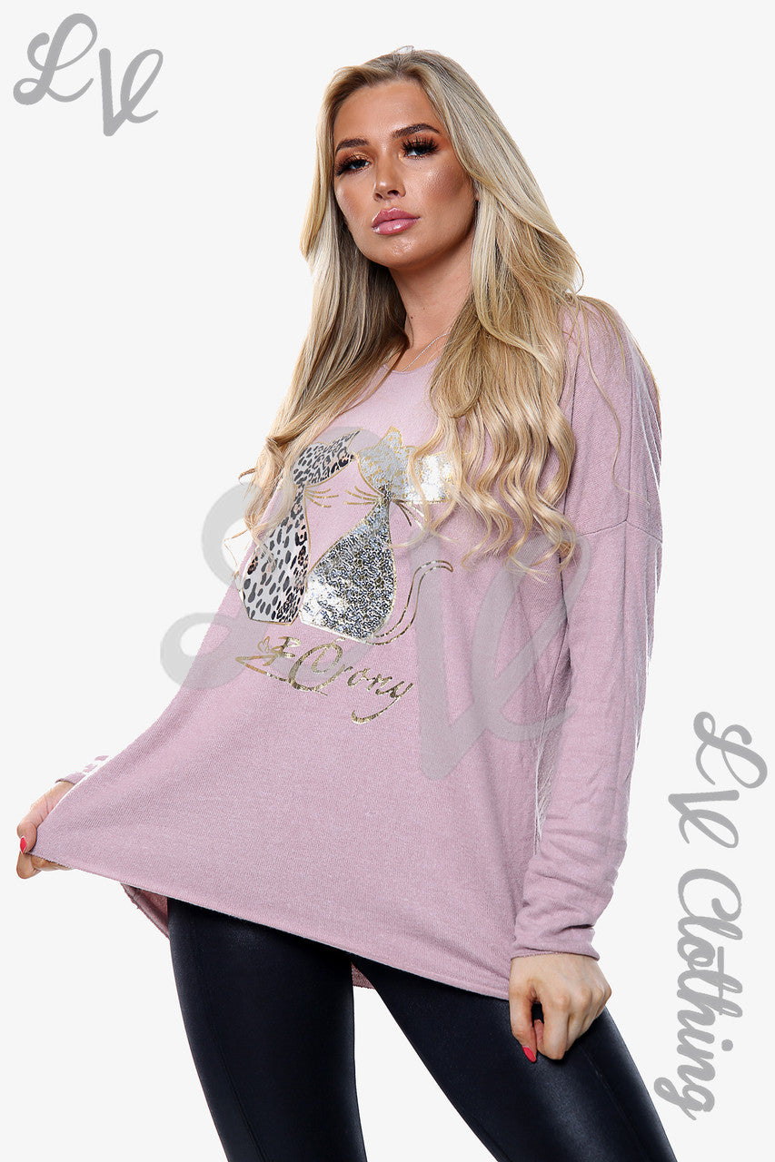 Dames Gebreide Trui met Kattenprint Stofroze Stukprijs €13,99