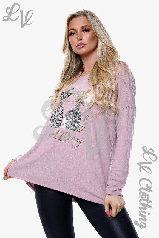 Ladies Knitted Cat Print Jumper Dusty Pink Unit Price £13.99