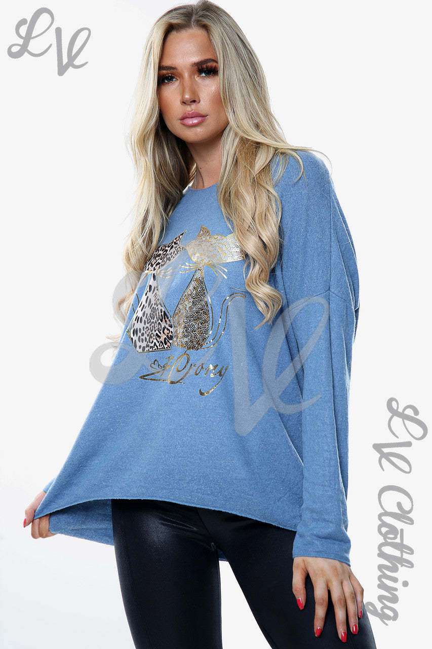 Ladies Knitted Cat Print Jumper Denim Unit Price £13.99