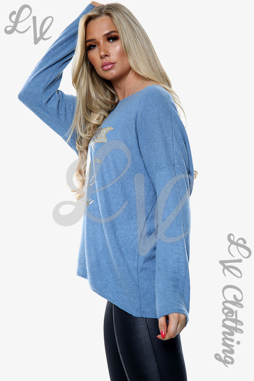 Ladies Knitted Cat Print Jumper Denim Unit Price £13.99
