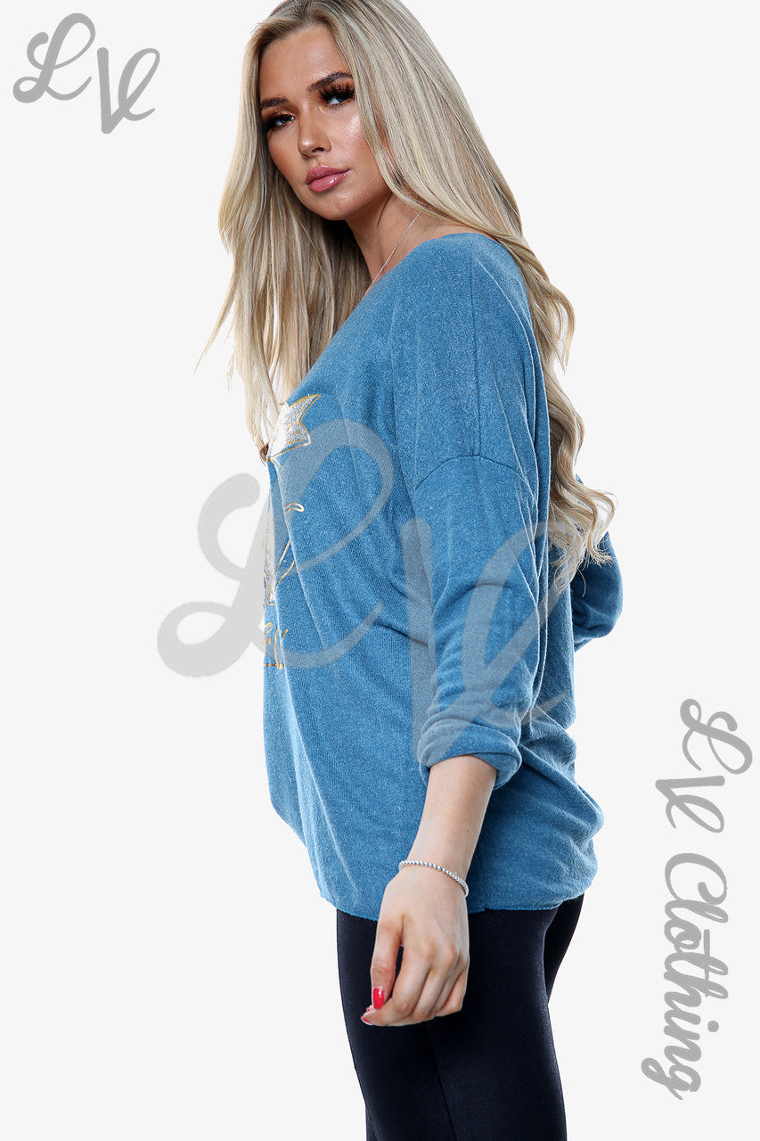 Ladies Knitted Cat Print Jumper Teal Unit Price £13.99