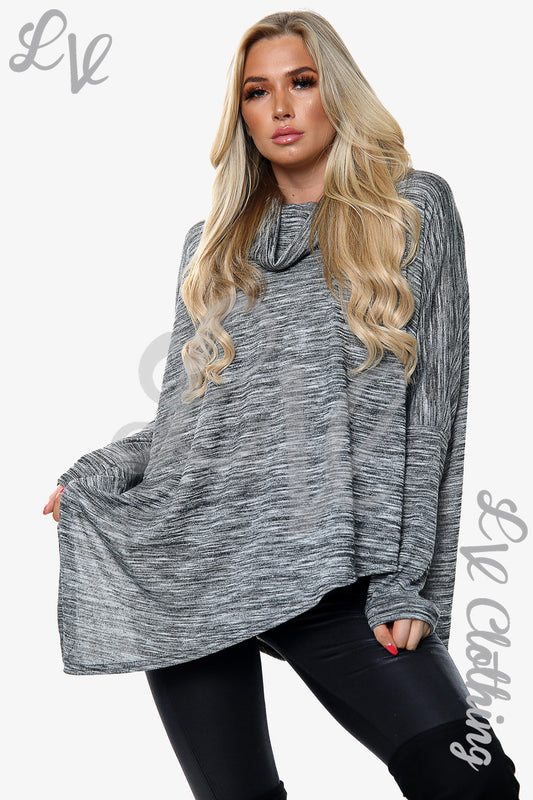 Grey marl cowl neck tunic top with long sleeves and curved hem