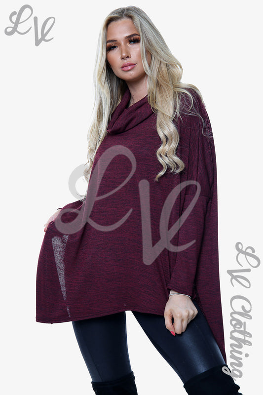 Burgundy marl cowl neck long-sleeve top with draped cowl front