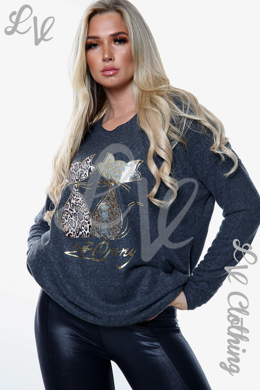 Ladies Knitted Cat Print Jumper Charcoal Unit Price £13.99