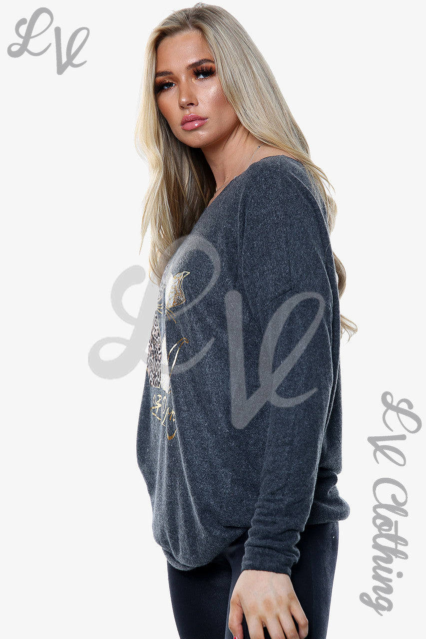 Dames gebreide trui met kattenprint antraciet Prijs per stuk £13,99