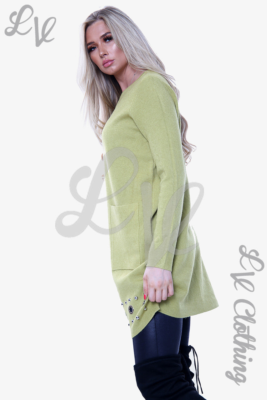 Dames Zilveren Knopen Zoom Detail Gebreide Jurk Kaki - Stukprijs € 25,99