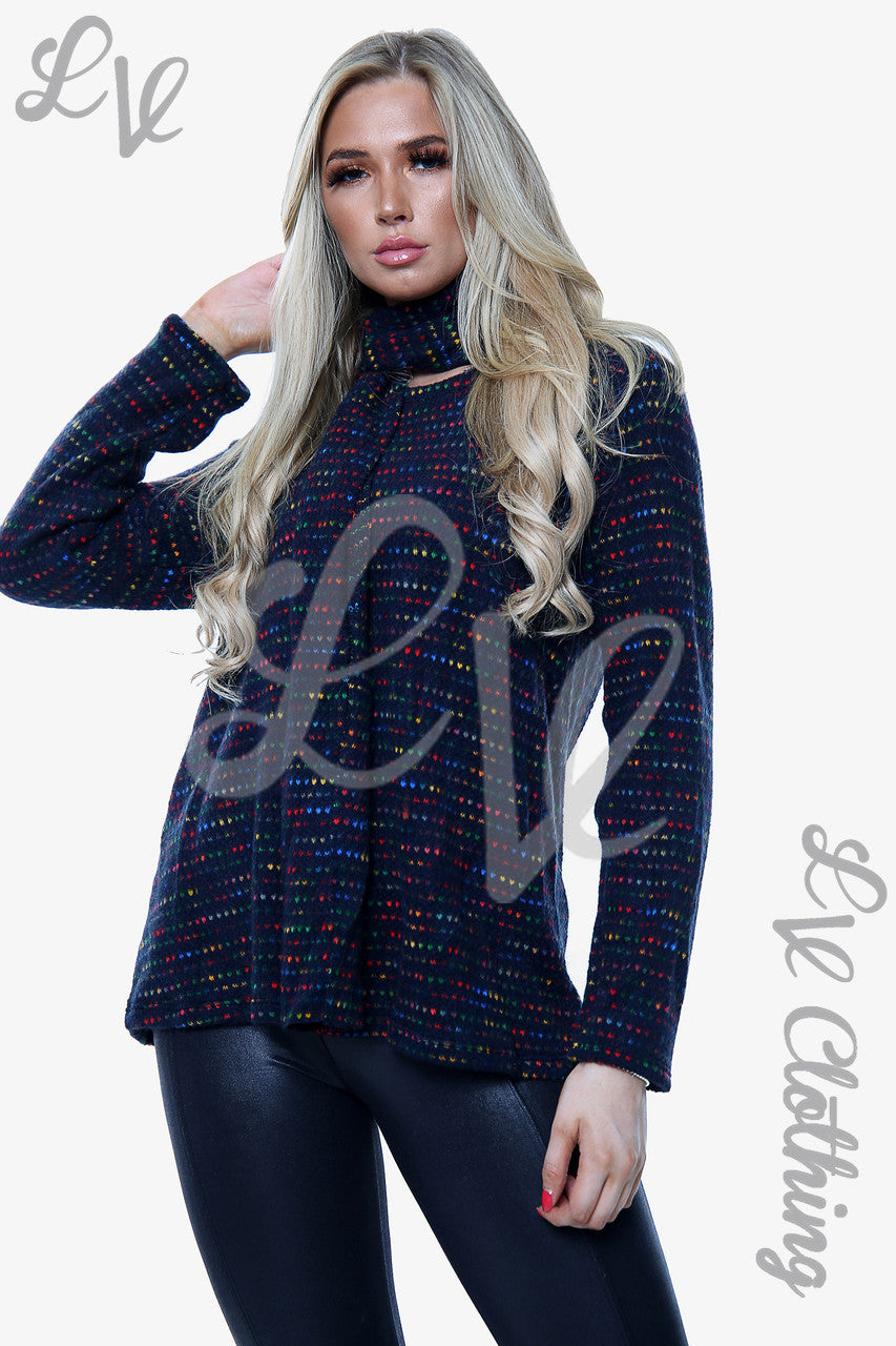 Ladies Multi-coloured Knit Top With Matching Scarf Navy Unit Price £9.99