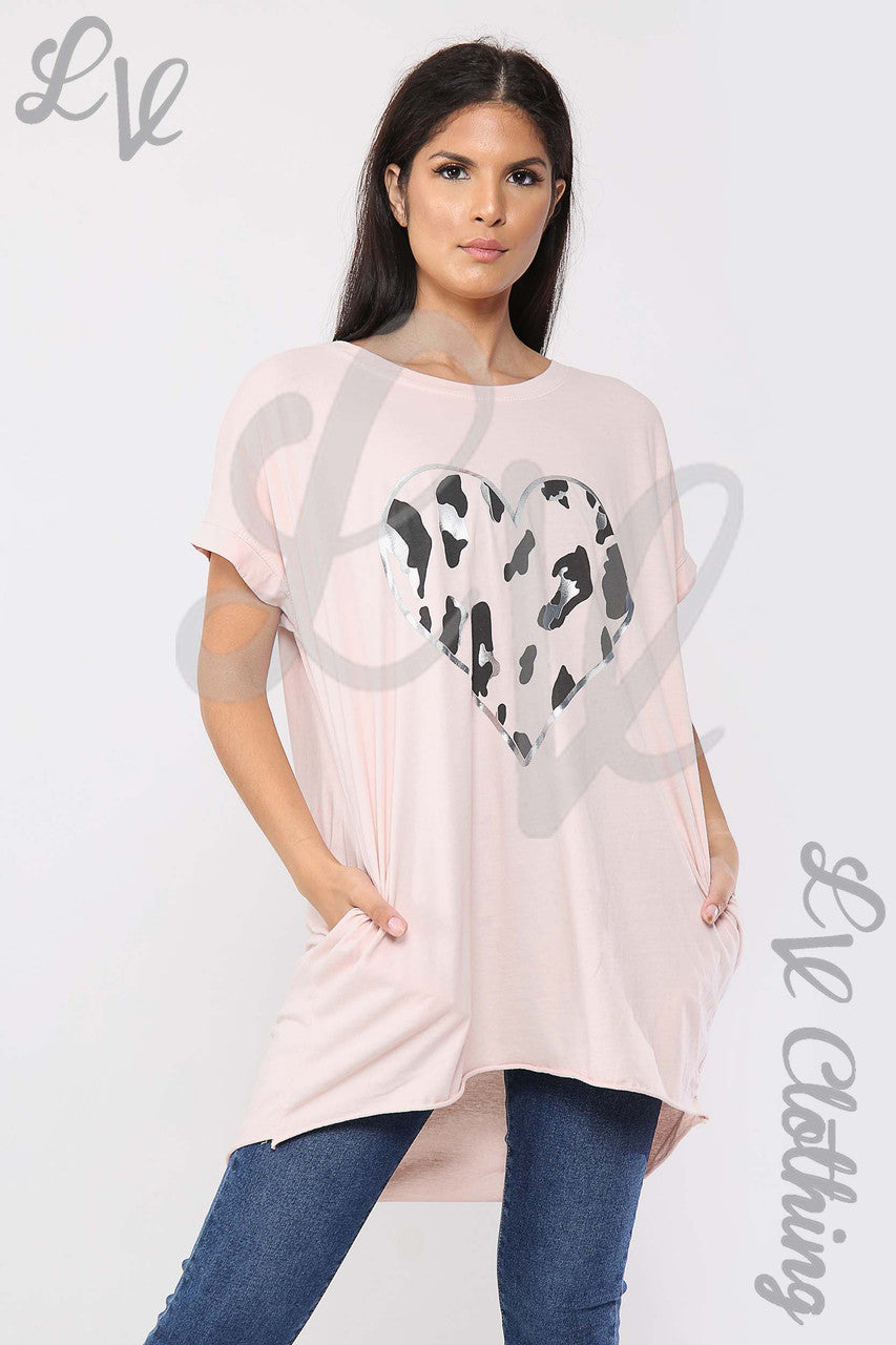 Ladies Foil Heart Graphic Tunic Top Dusty Pink - Unit Price £10.99