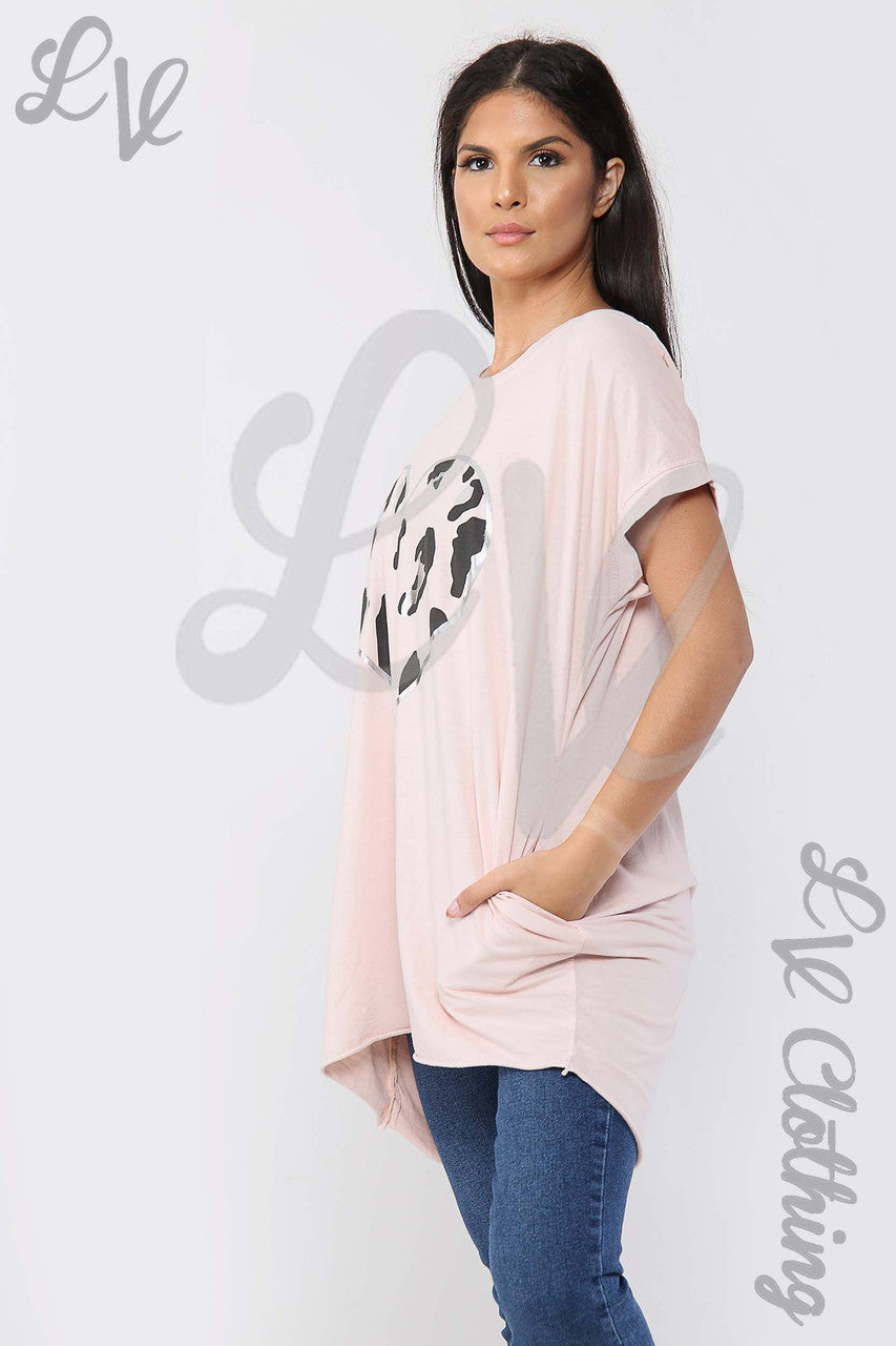 Ladies Foil Heart Graphic Tunic Top Dusty Pink - Unit Price £10.99