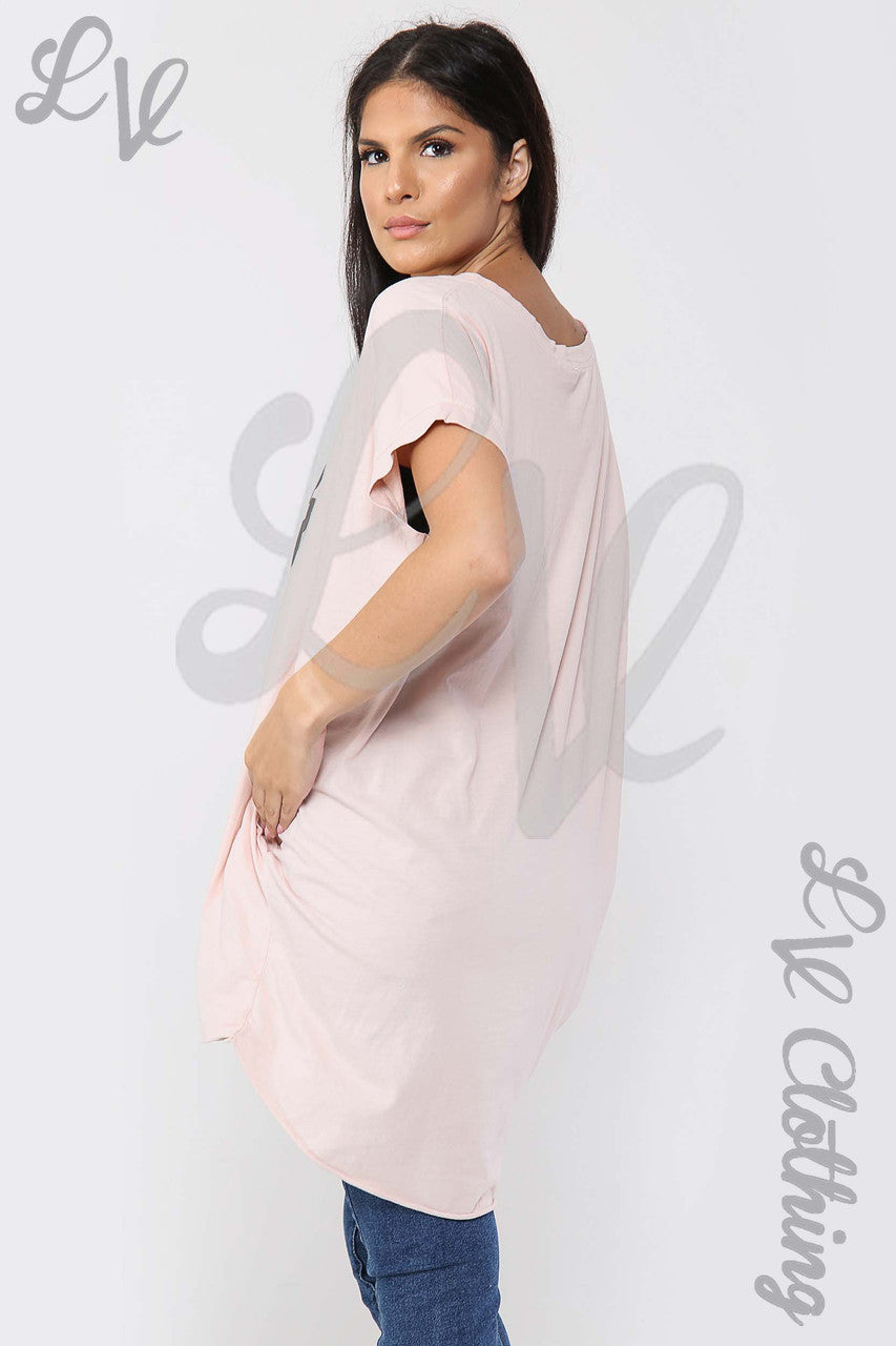 Ladies Foil Heart Graphic Tunic Top Dusty Pink - Unit Price £10.99