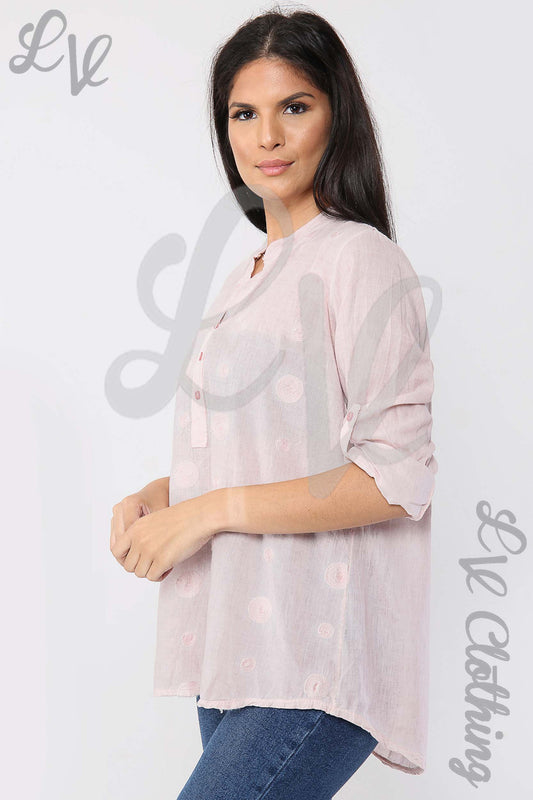Dusty pink embroidered grandad-style blouse, button front, 3/4 sleeves