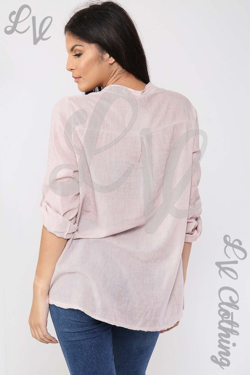 Ladies Circle Embroidery Grandad Style Blouse Shirt Dusty Pink - Unit Price £12.99