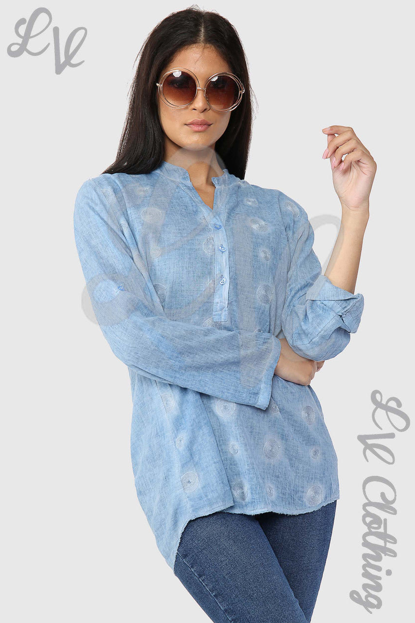 Ladies Circle Embroidery Grandad Style Blouse Shirt Denim - Unit Price £12.99