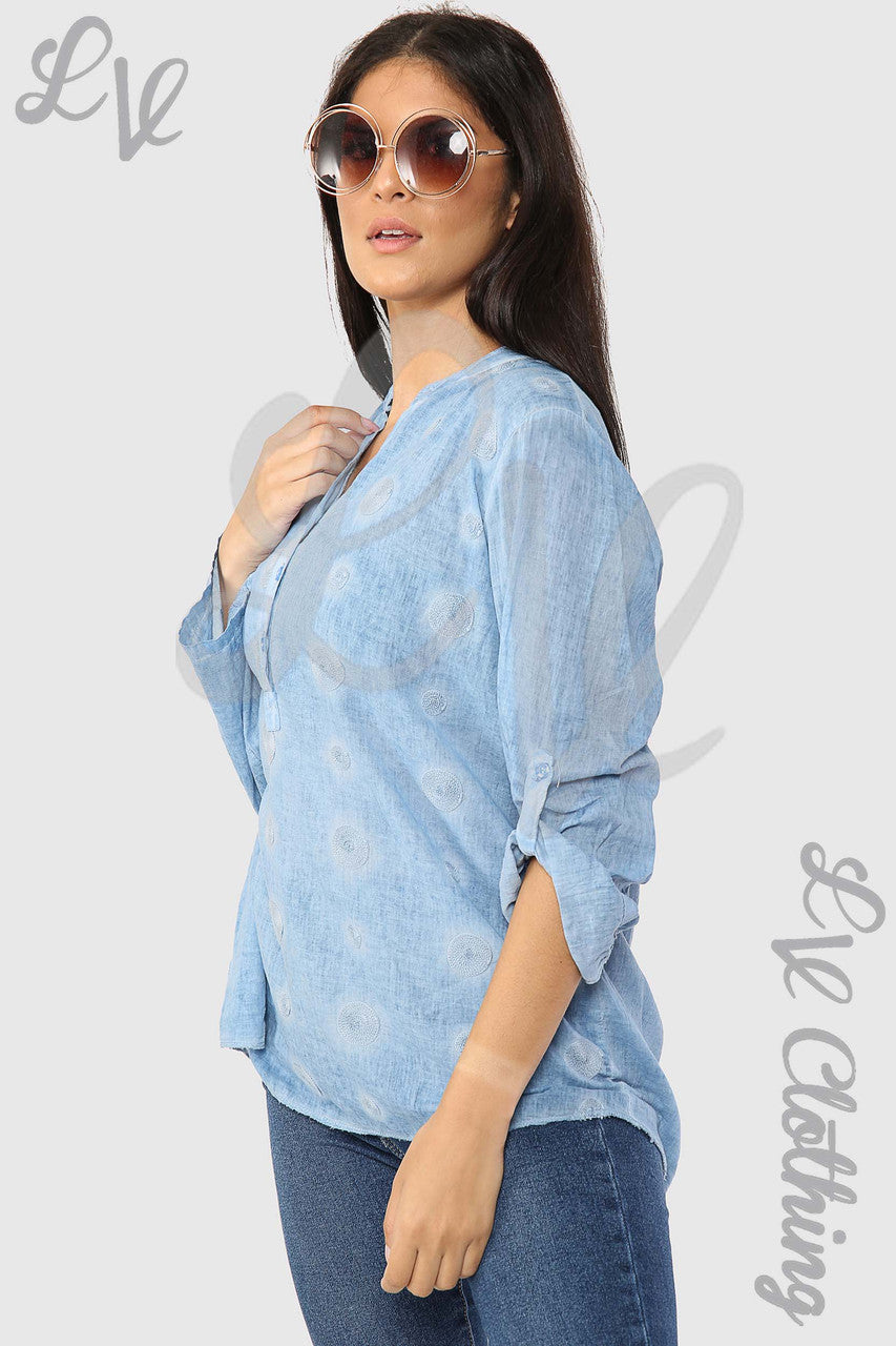 Ladies Circle Embroidery Grandad Style Blouse Shirt Denim - Unit Price £12.99