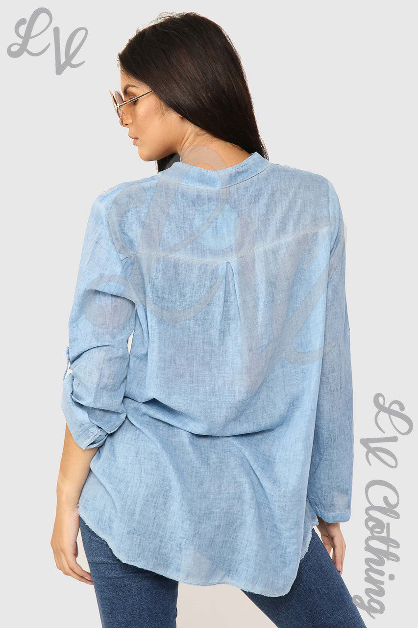 Ladies Circle Embroidery Grandad Style Blouse Shirt Denim - Unit Price £12.99
