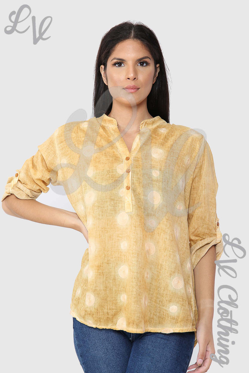 Ladies Circle Embroidery Grandad Style Blouse Shirt Mustard - Unit Price £12.99