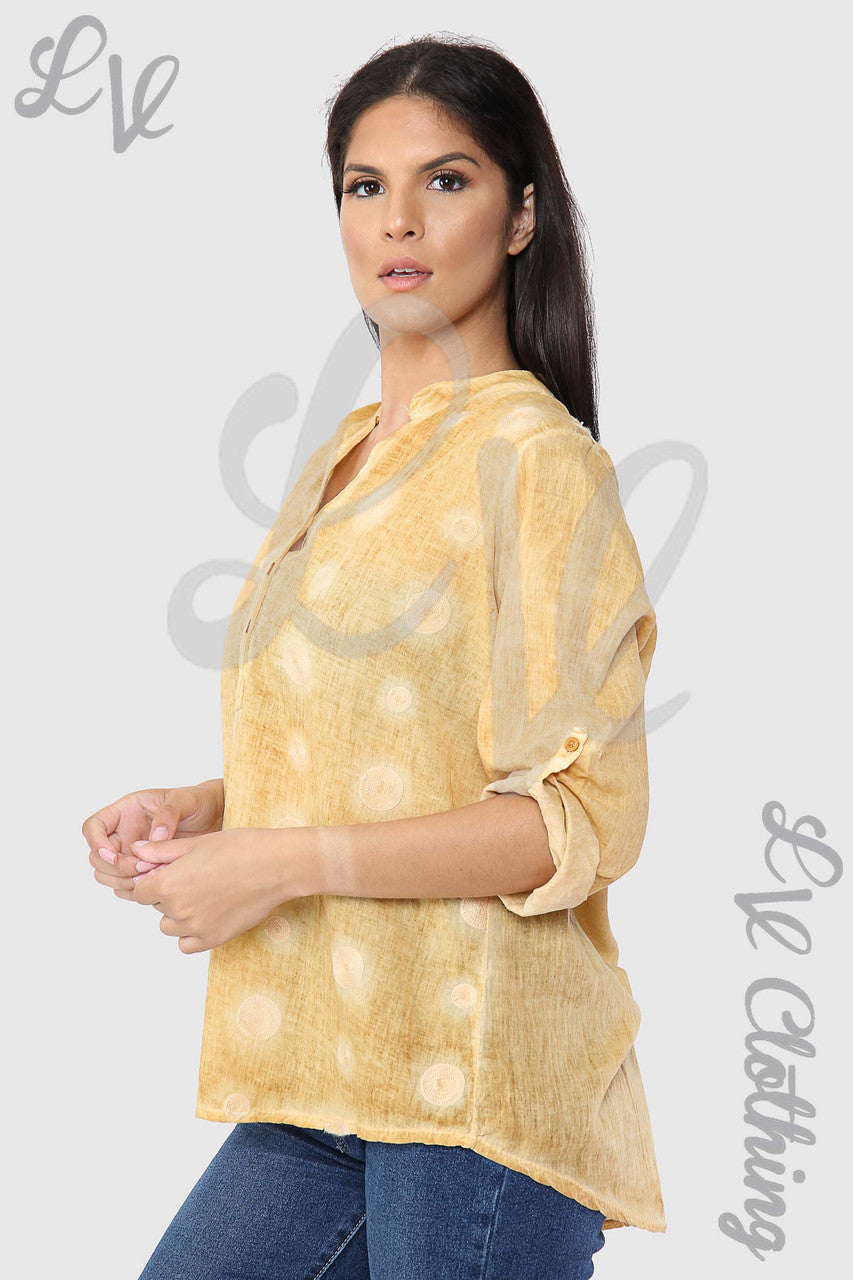 Ladies Circle Embroidery Grandad Style Blouse Shirt Mustard - Unit Price £12.99