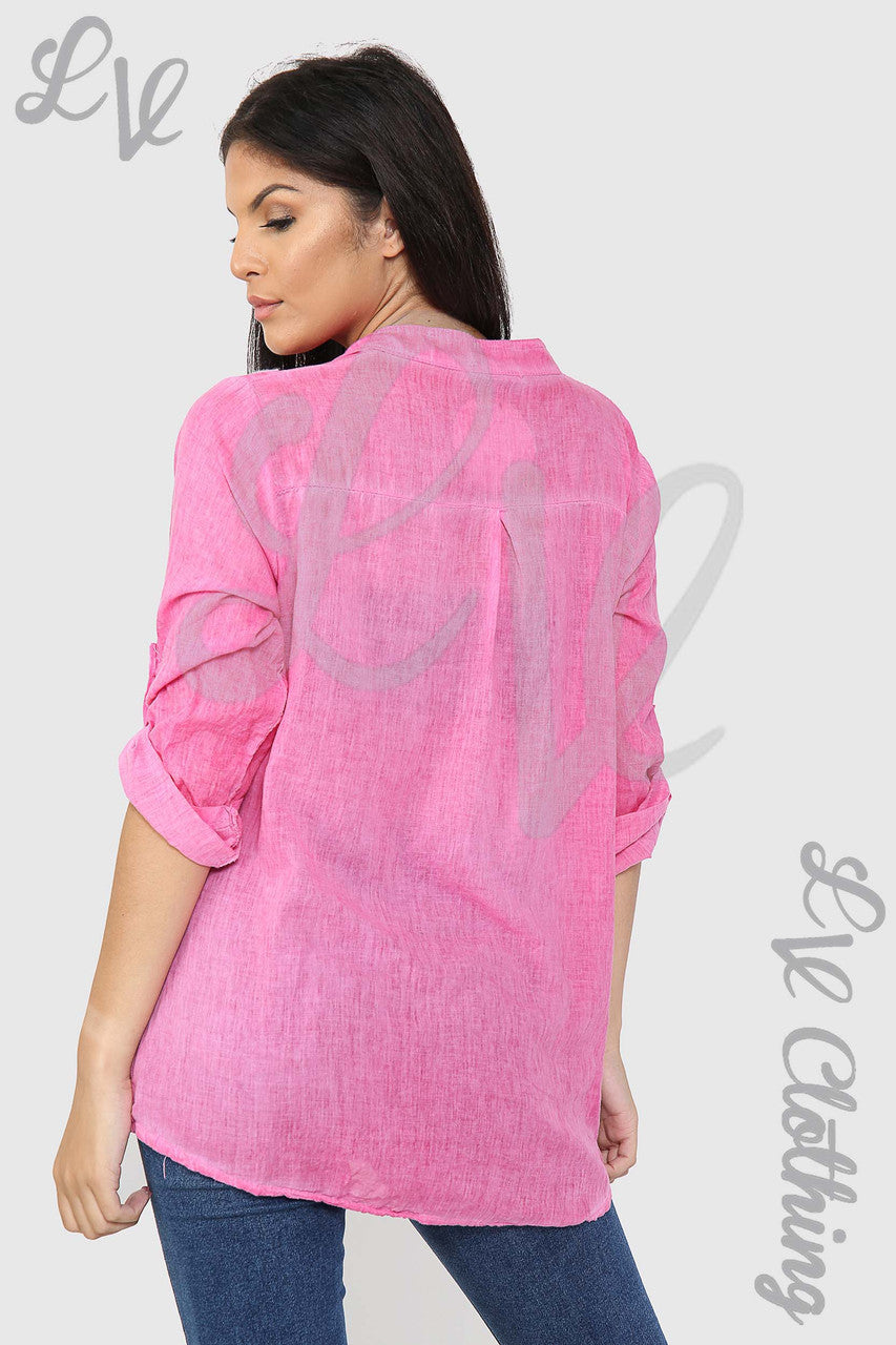 Ladies Circle Embroidery Grandad Style Blouse Shirt Cerise - Unit Price £12.99
