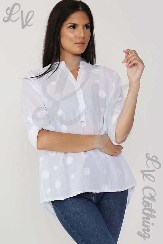 White grandad collar blouse with spot embroidery and short puff sleeves