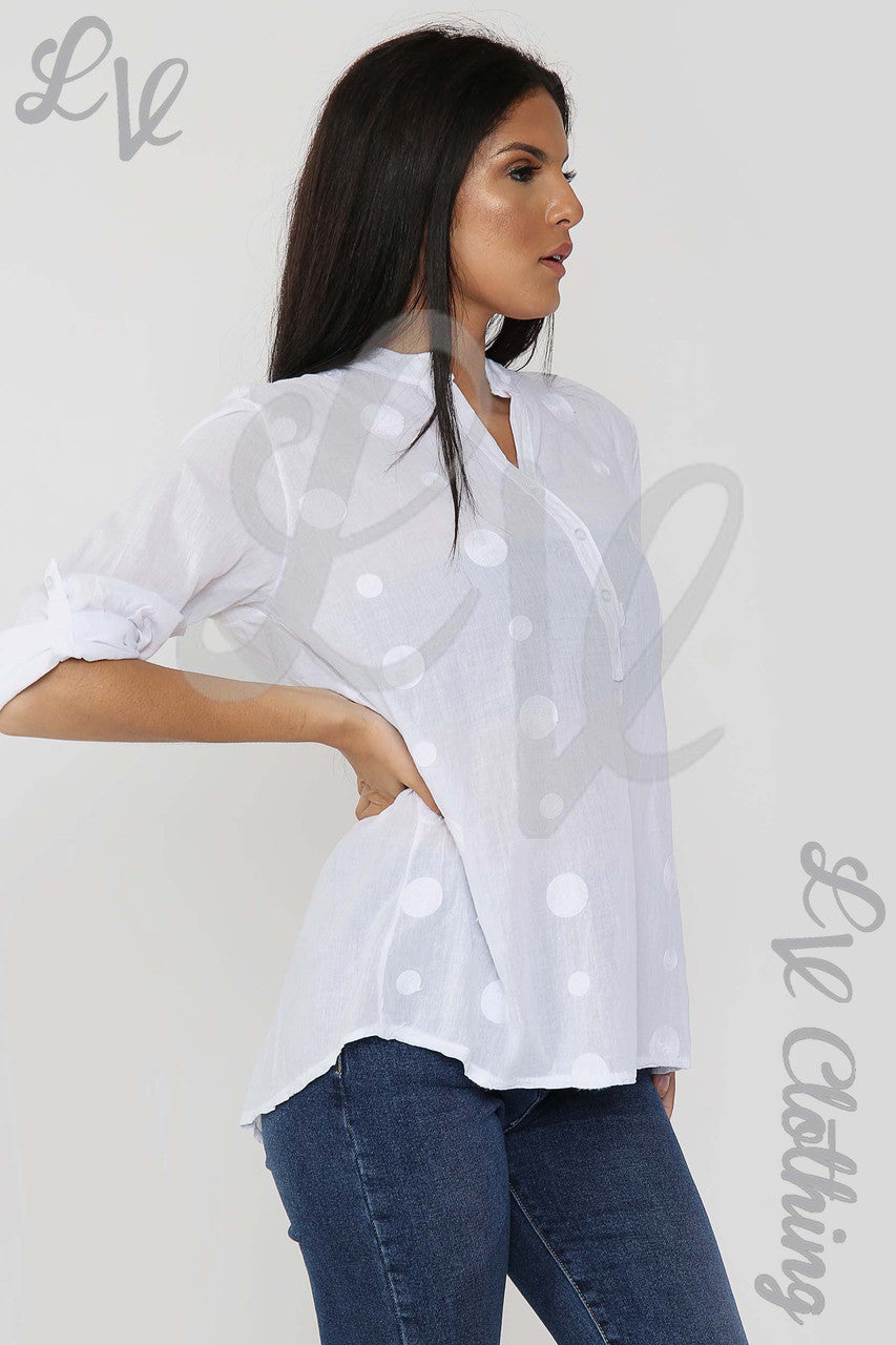 Ladies Circle Embroidery Grandad Style Blouse Shirt White - Unit Price £12.99