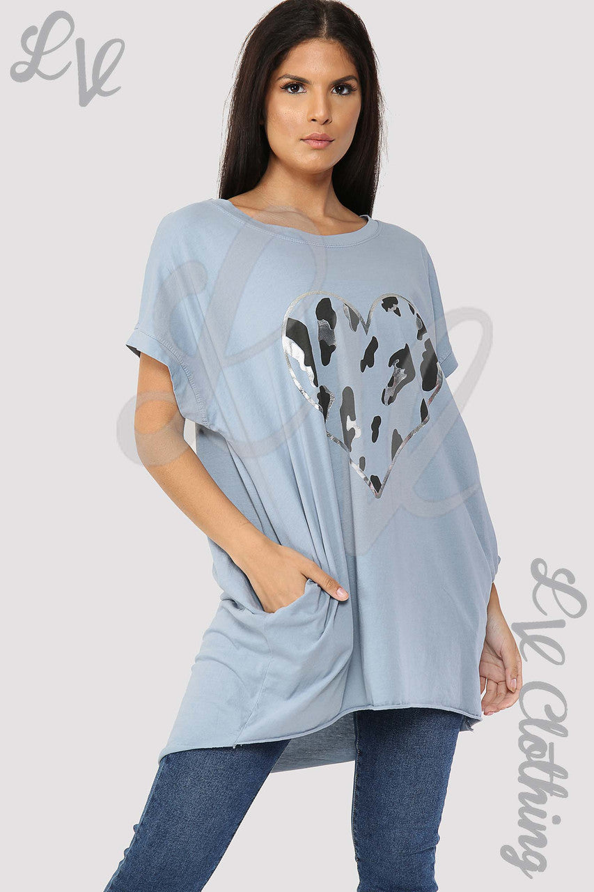 Ladies Foil Heart Graphic Tunic Top Denim - Unit Price £8.99