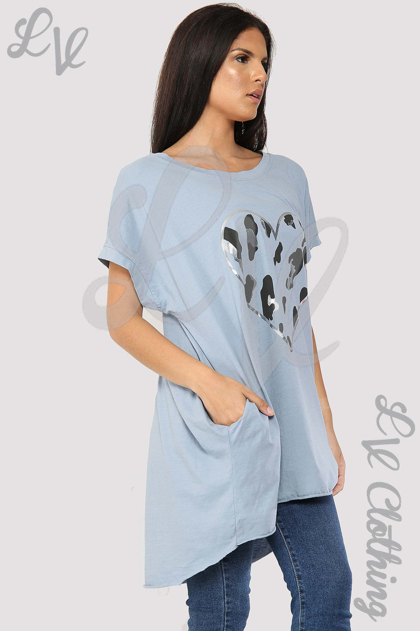 Ladies Foil Heart Graphic Tunic Top Denim - Unit Price £8.99