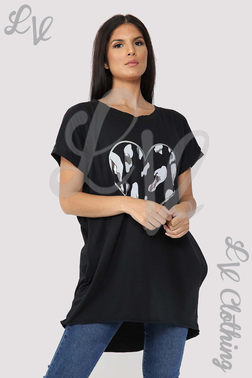 Ladies Foil Heart Graphic Tunic Top Black - Unit Price £10.99