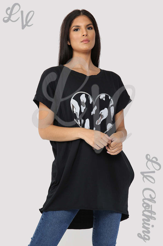 Black ladies tunic top with foil heart graphic at center front, short sleeves