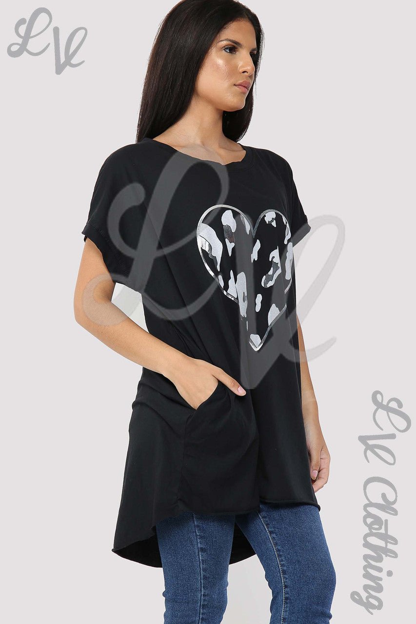 Ladies Foil Heart Graphic Tunic Top Black - Unit Price £10.99