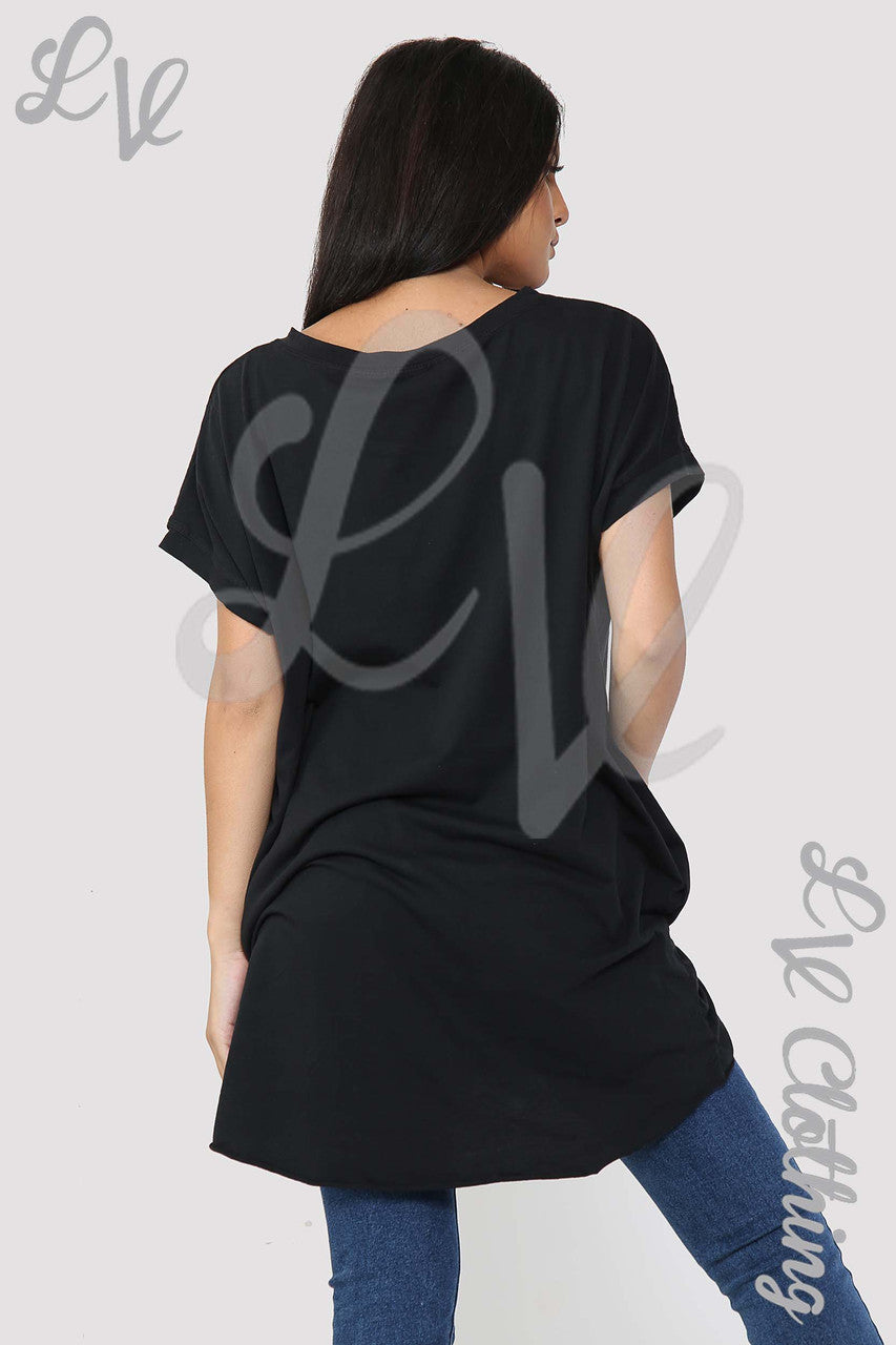 Ladies Foil Heart Graphic Tunic Top Black - Unit Price £10.99