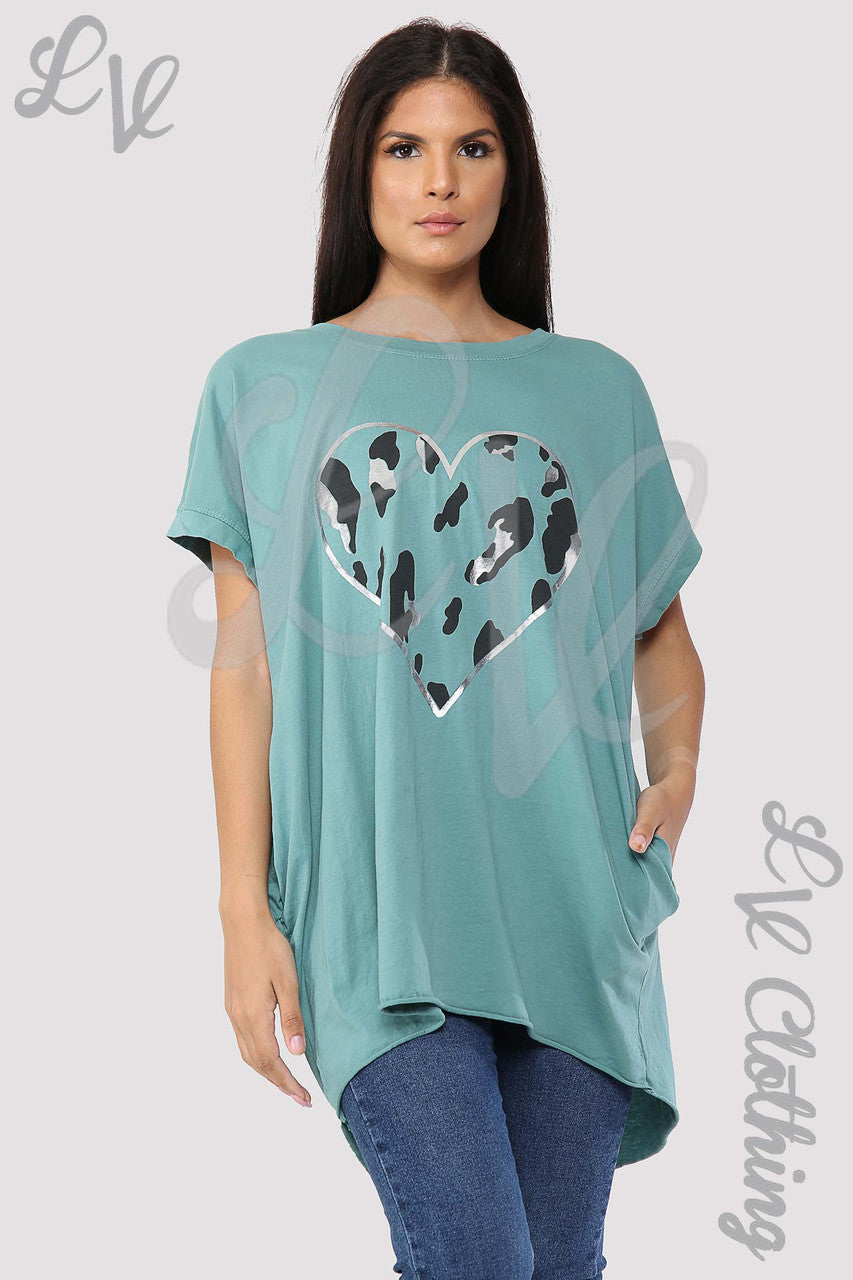 Ladies Foil Heart Graphic Tunic Top Tiffany - Unit Price £8.99