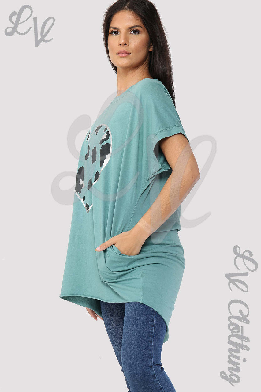 Ladies Foil Heart Graphic Tunic Top Tiffany - Unit Price £8.99