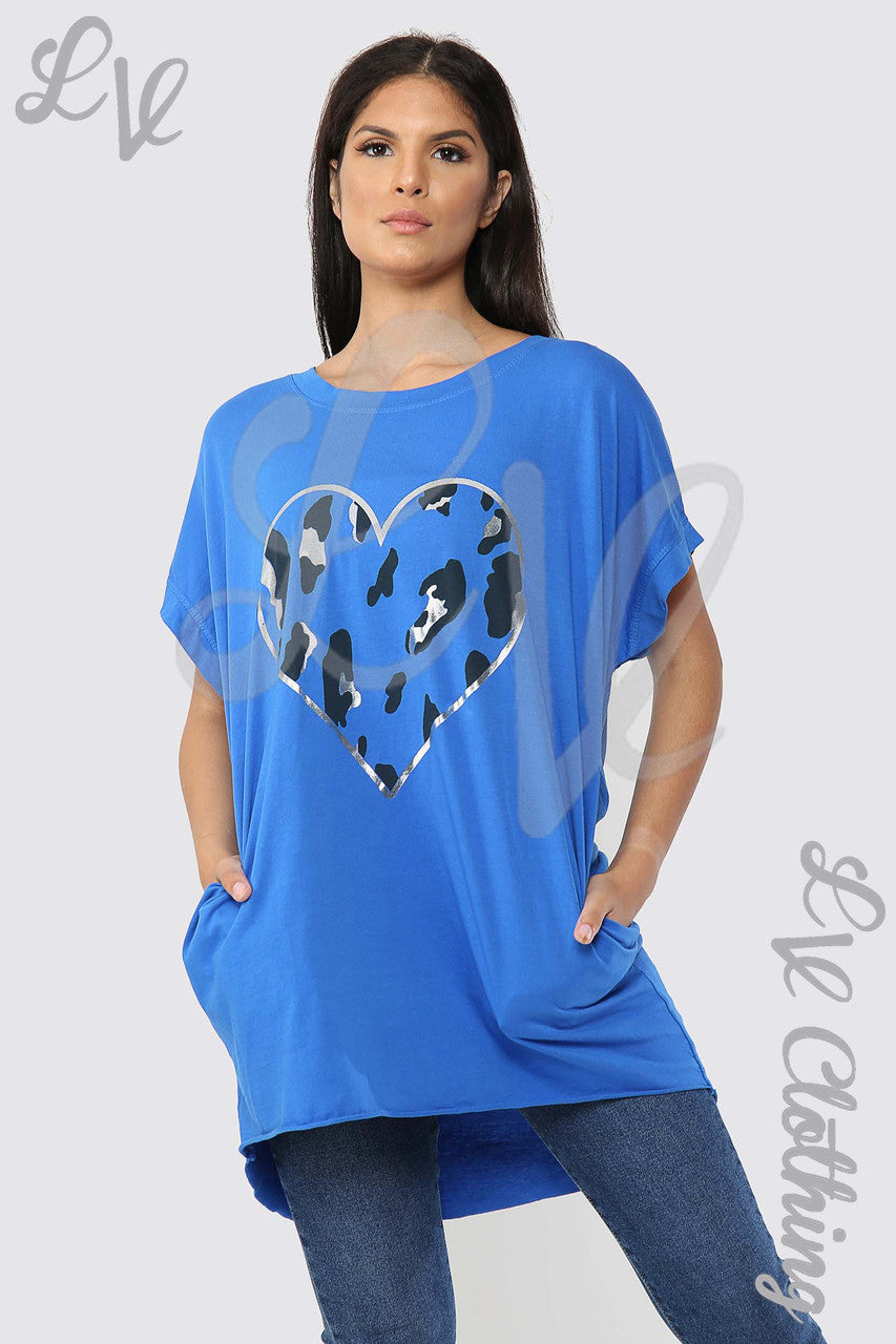 Ladies Foil Heart Graphic Tunic Top Royal Blue - Unit Price £10.99