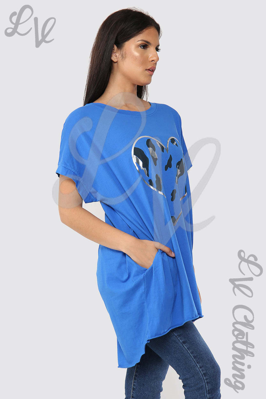 Ladies Foil Heart Graphic Tunic Top Royal Blue - Unit Price £10.99