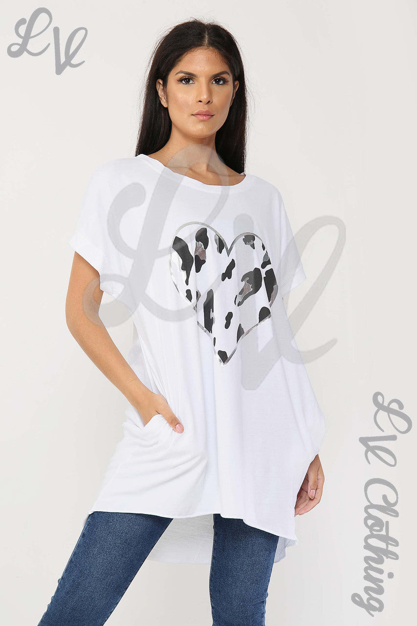 Ladies Foil Heart Graphic Tunic Top White - Unit Price £10.99